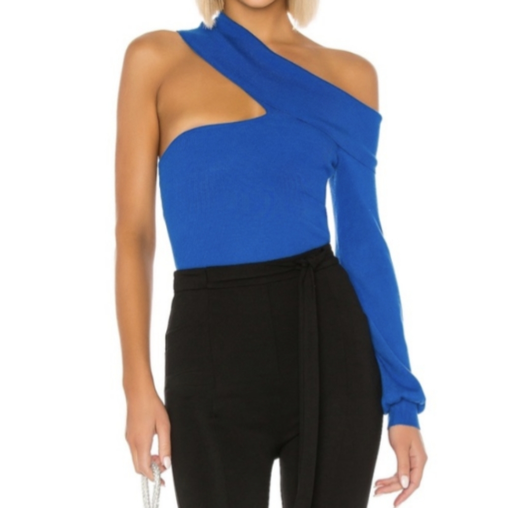 Asymmetrical One-Shoulder Blue Knit Top
